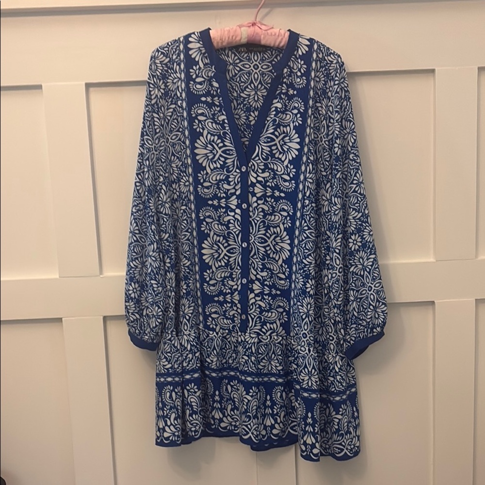 Zara Blue & White Floral V-Neck Tunic Dress